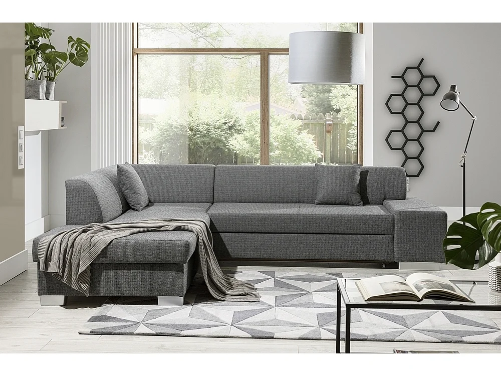 Canapé d'angle convertible en tissu luxe 5 places, coffre - gris clair, angle gauche (vu de face), PORTOFINO
