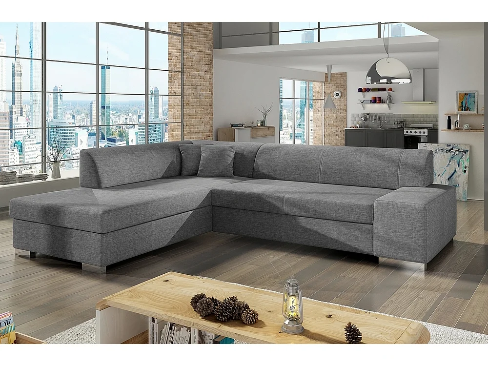 Canapé d'angle convertible en tissu luxe 5 places, coffre - gris clair, angle gauche (vu de face), PORTOFINO