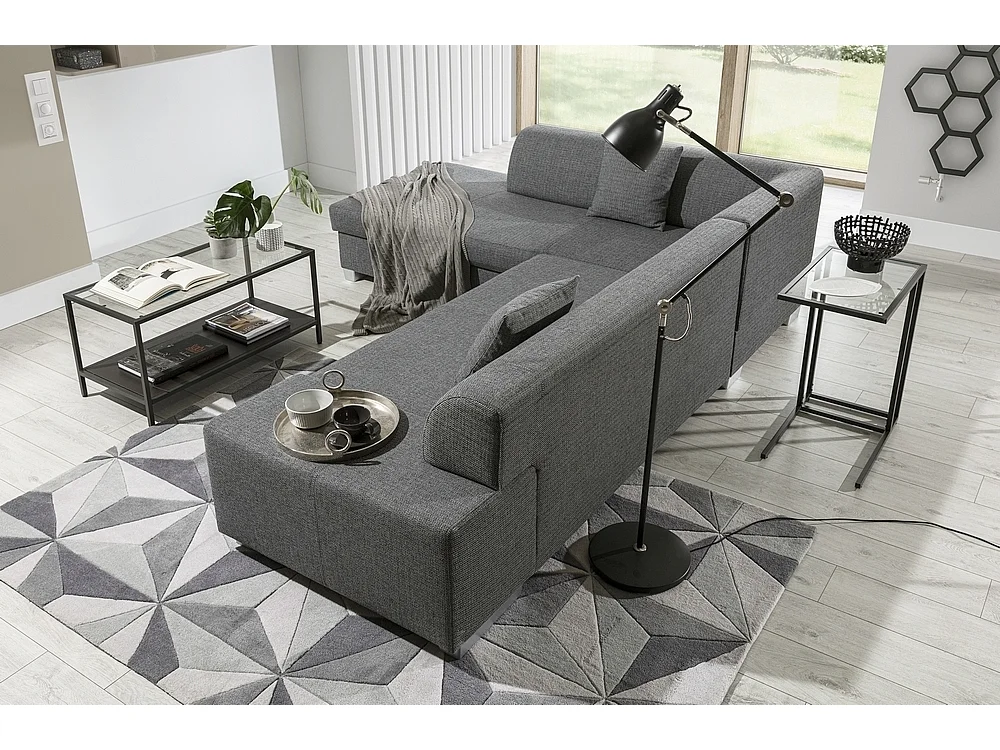Canapé d'angle convertible en tissu luxe 5 places, coffre - gris clair, angle gauche (vu de face), PORTOFINO
