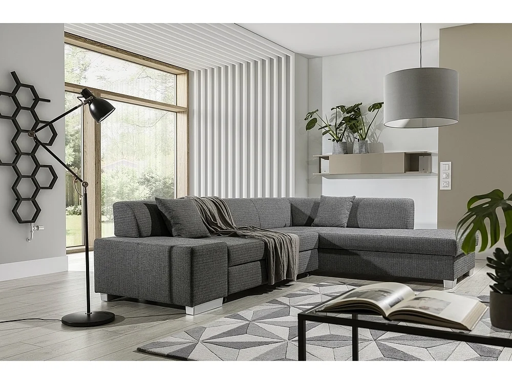Canapé d'angle convertible en tissu luxe 5 places, coffre, gris clair, angle droit (vu de face), PORTOFINO