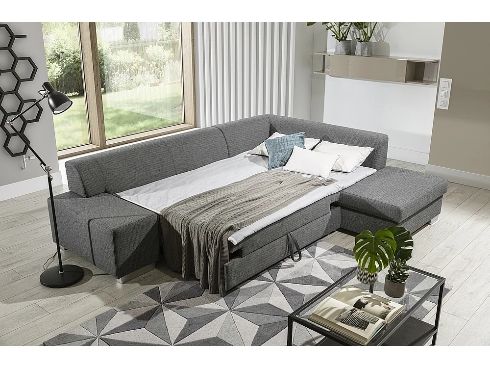 Canapé d'angle convertible en tissu luxe 5 places, coffre, gris clair, angle droit (vu de face), PORTOFINO