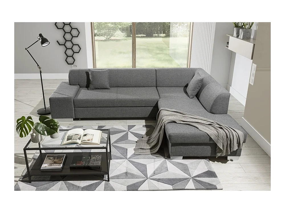 Canapé d'angle convertible en tissu luxe 5 places, coffre, gris clair, angle droit (vu de face), PORTOFINO