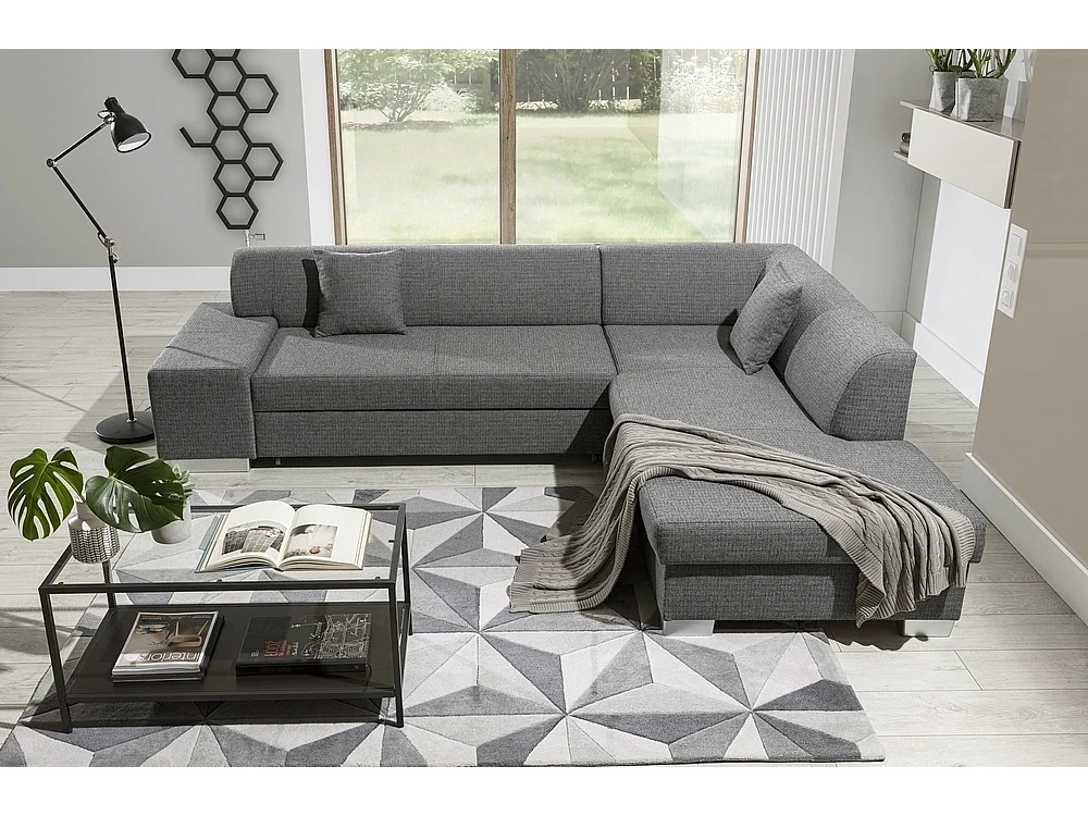 Canapé d'angle convertible en tissu luxe 5 places, coffre, gris clair, angle droit (vu de face), PORTOFINO