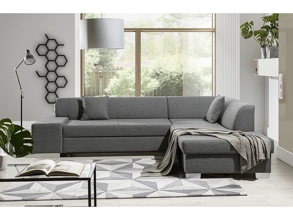 Canapé d'angle convertible en tissu luxe 5 places, coffre, gris clair, angle droit (vu de face), PORTOFINO