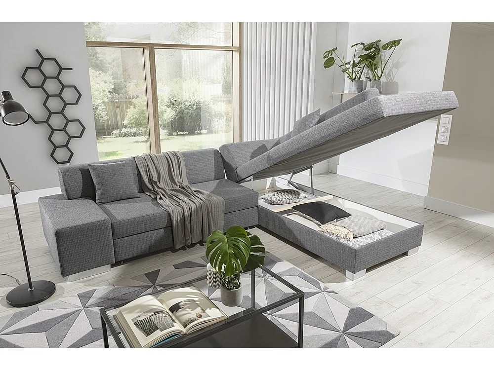 Canapé d'angle convertible en tissu luxe 5 places, coffre, gris clair, angle droit (vu de face), PORTOFINO
