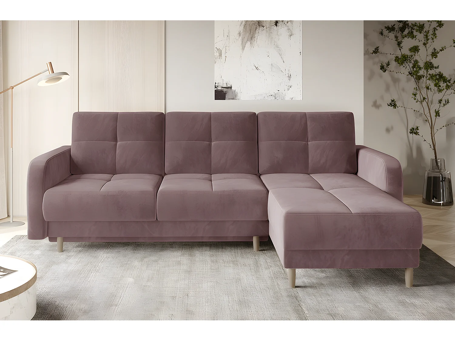 Canapé d'angle convertible en tissu velours luxe, rangement - rose pale, angle droit (vu de face), ROXANE VELOURS