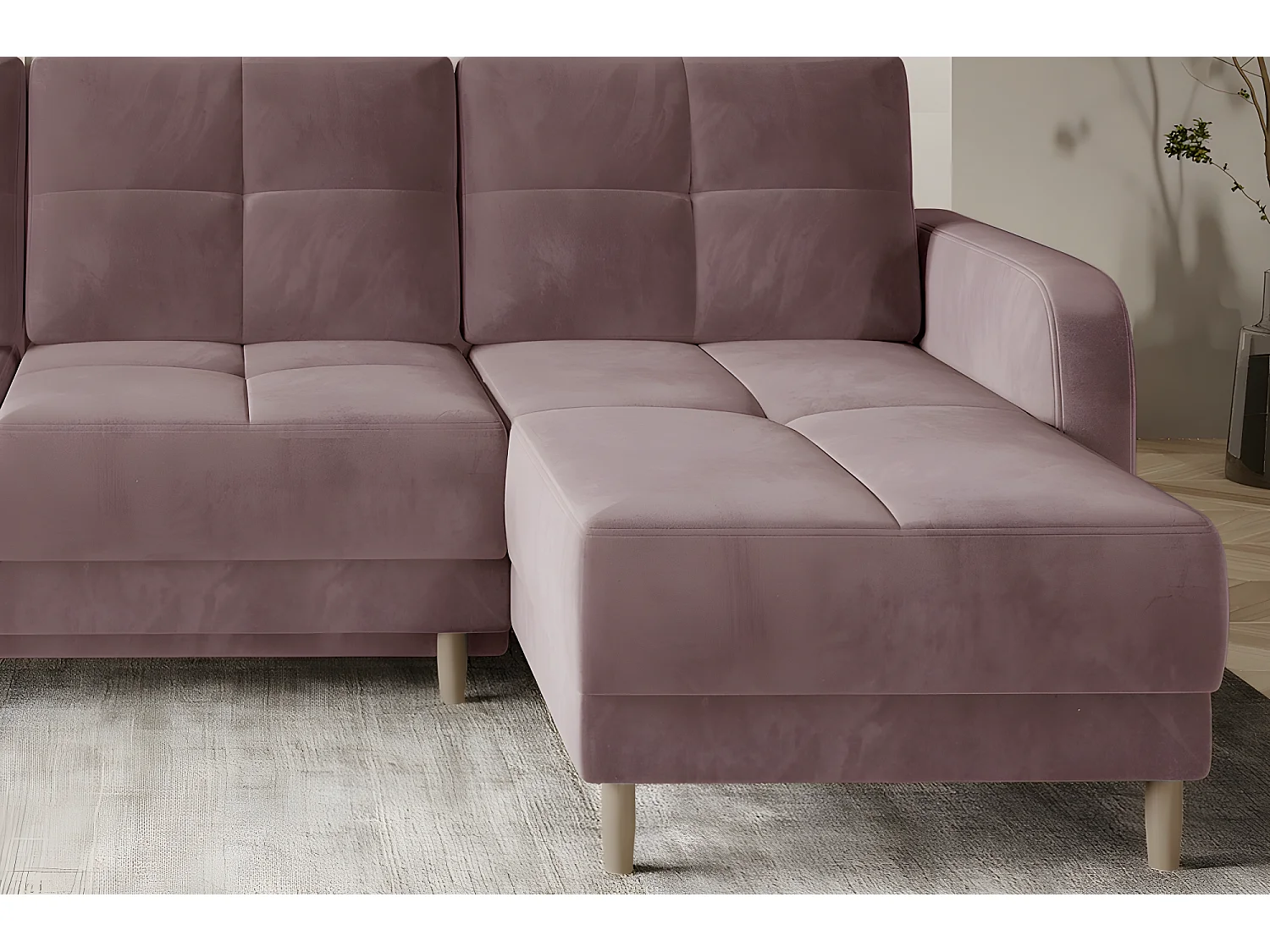 Canapé d'angle convertible en tissu velours luxe, rangement - rose pale, angle droit (vu de face), ROXANE VELOURS