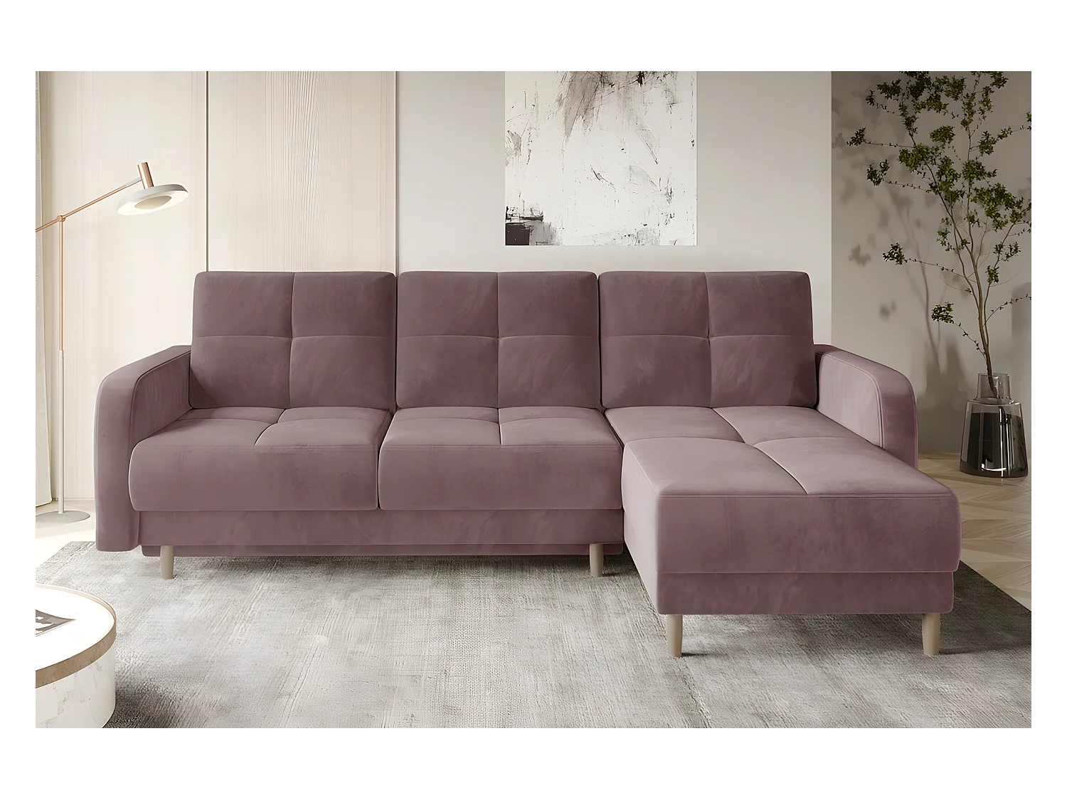 Canapé d'angle convertible en tissu velours luxe, rangement - rose pale, angle droit (vu de face), ROXANE VELOURS