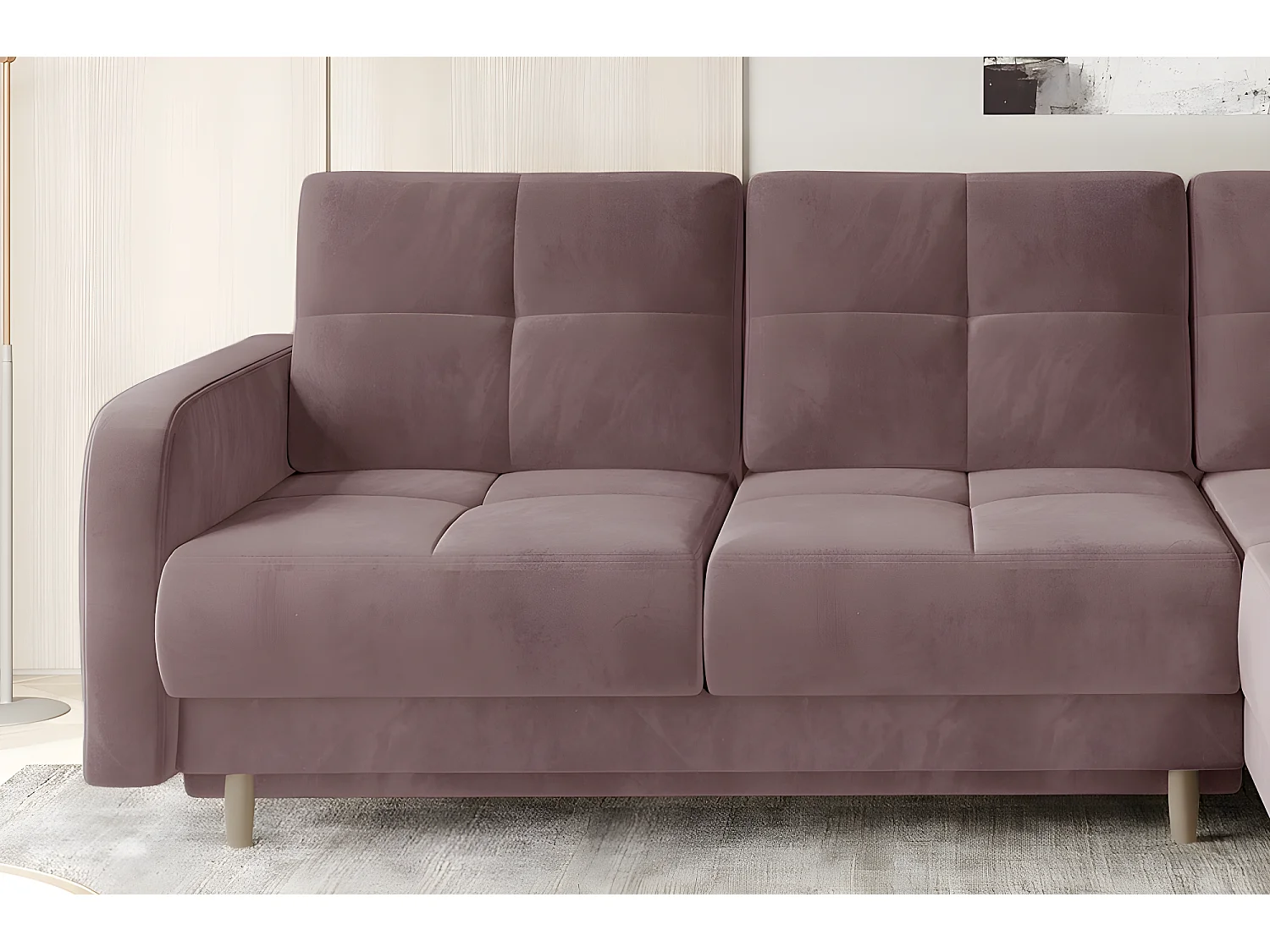 Canapé d'angle convertible en tissu velours luxe, rangement - rose pale, angle droit (vu de face), ROXANE VELOURS