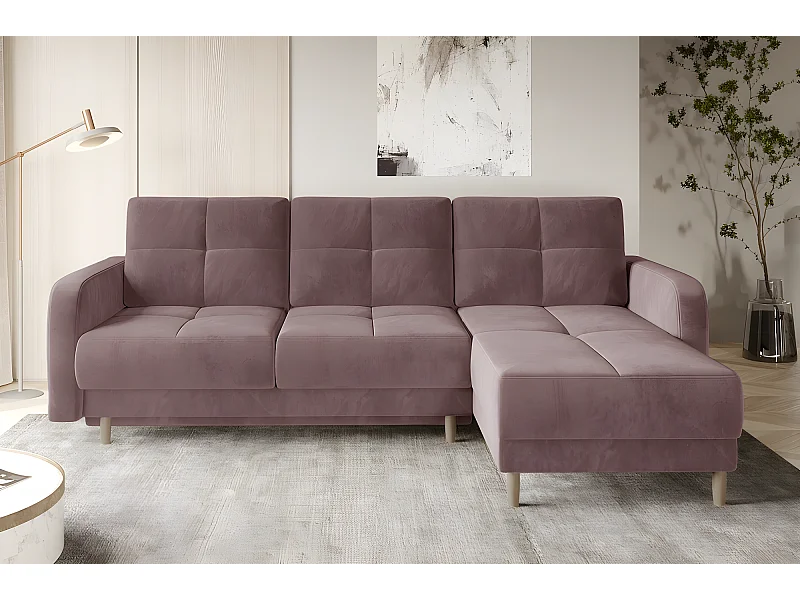 Canapé d'angle convertible en tissu velours luxe, rangement - rose pale, angle droit (vu de face), ROXANE VELOURS