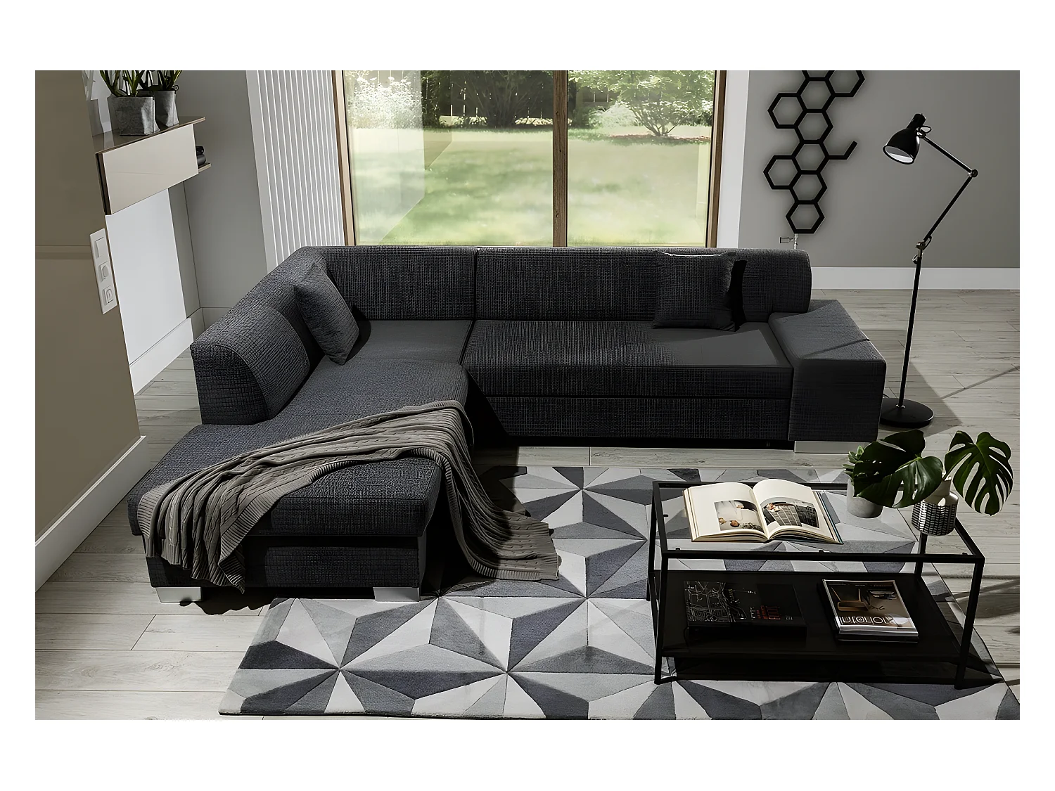 Canapé d'angle convertible en tissu luxe 5 places, coffre - gris foncé, angle gauche (vu de face), PORTOFINO