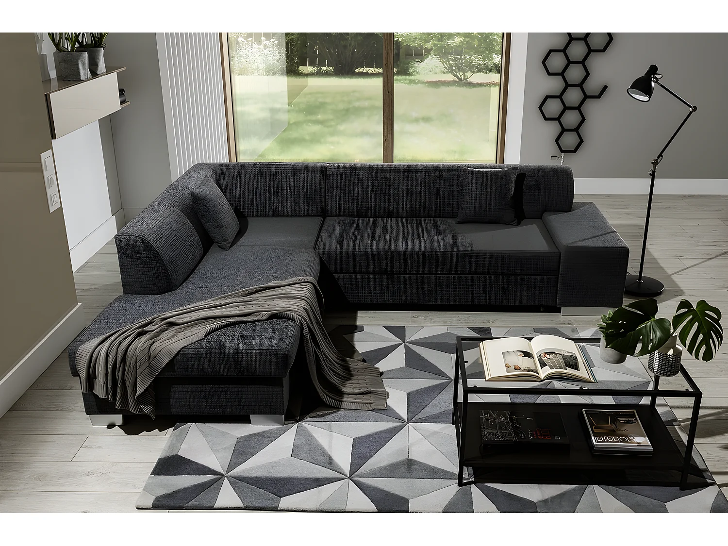 Canapé d'angle convertible en tissu luxe 5 places, coffre - gris foncé, angle gauche (vu de face), PORTOFINO