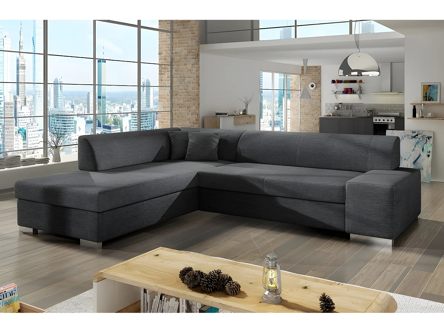 Canapé d'angle convertible en tissu luxe 5 places, coffre - gris foncé, angle gauche (vu de face), PORTOFINO