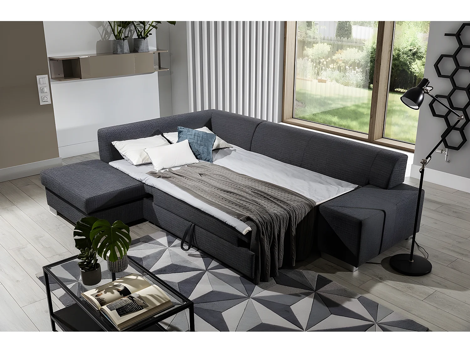 Canapé d'angle convertible en tissu luxe 5 places, coffre - gris foncé, angle gauche (vu de face), PORTOFINO
