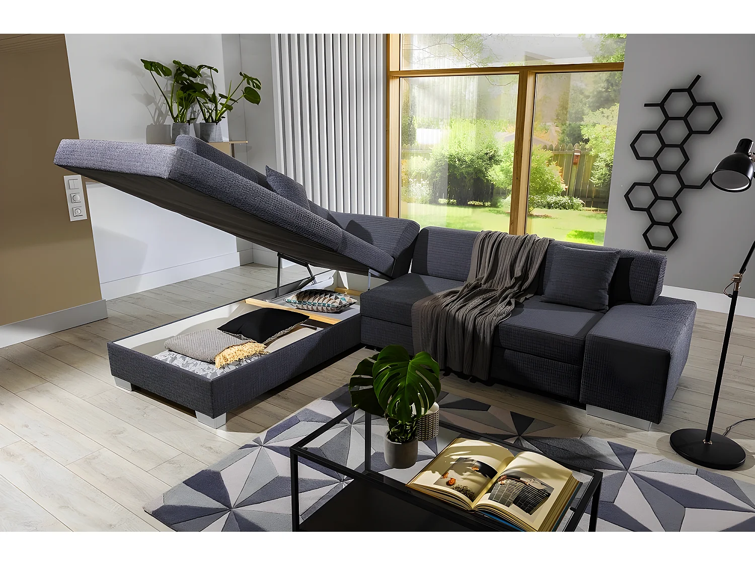 Canapé d'angle convertible en tissu luxe 5 places, coffre - gris foncé, angle gauche (vu de face), PORTOFINO