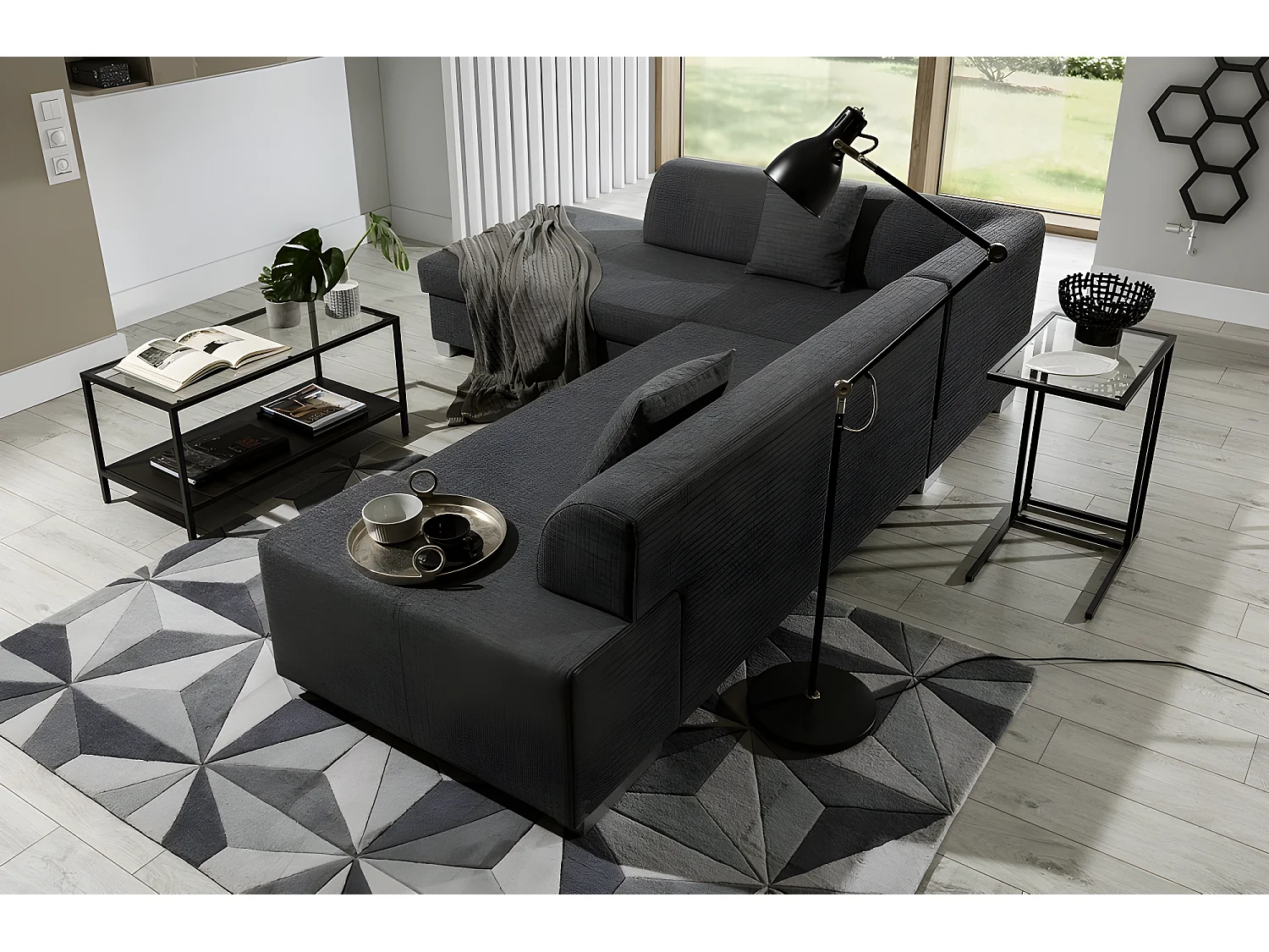 Canapé d'angle convertible en tissu luxe 5 places, coffre - gris foncé, angle gauche (vu de face), PORTOFINO