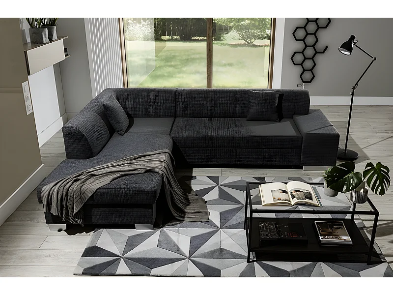 Canapé d'angle convertible en tissu luxe 5 places, coffre - gris foncé, angle gauche (vu de face), PORTOFINO