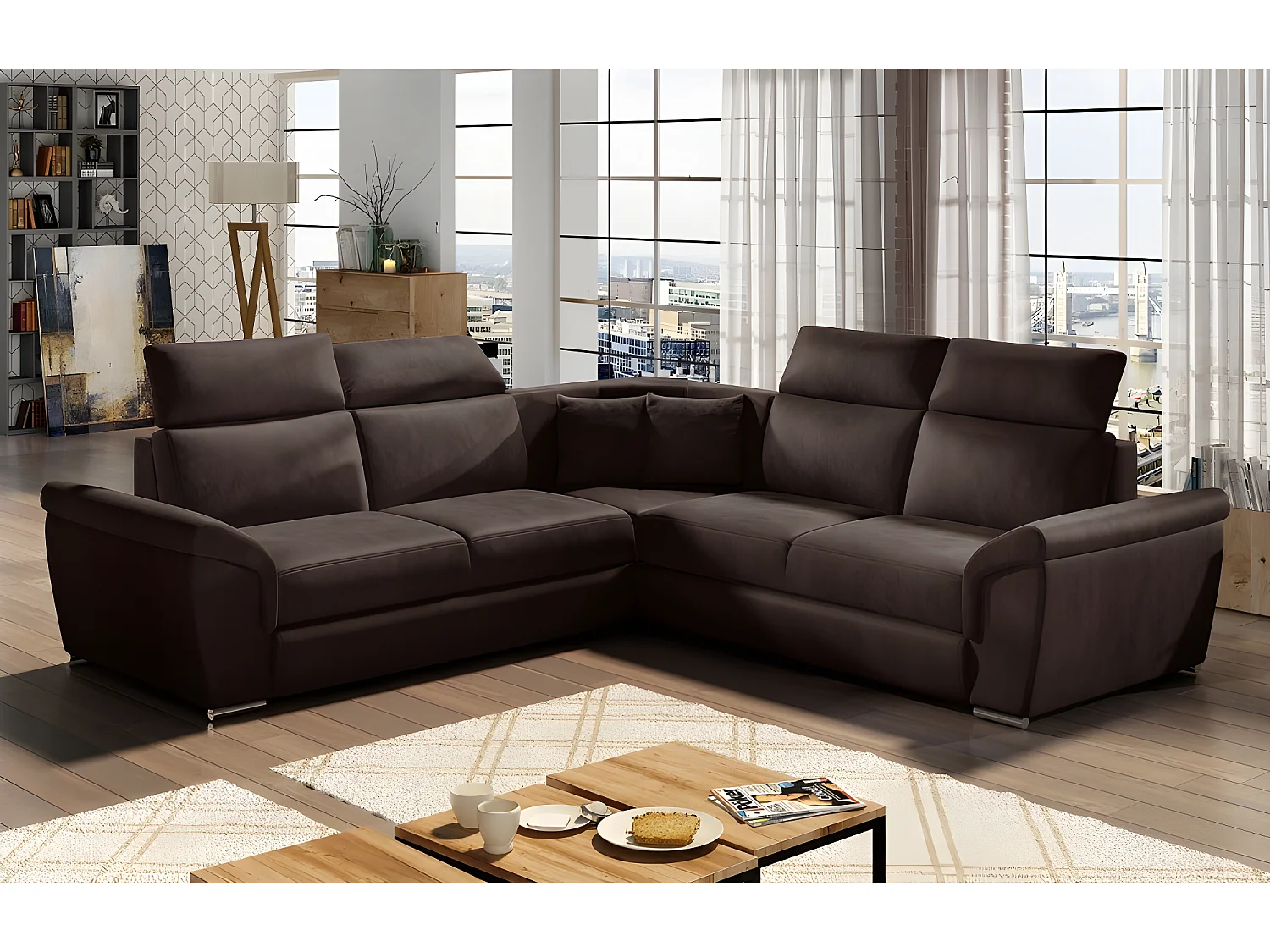 Hoekbank omvormbaar in luxe chocolade textiel met opberglade en verstelbare hoofdsteunen