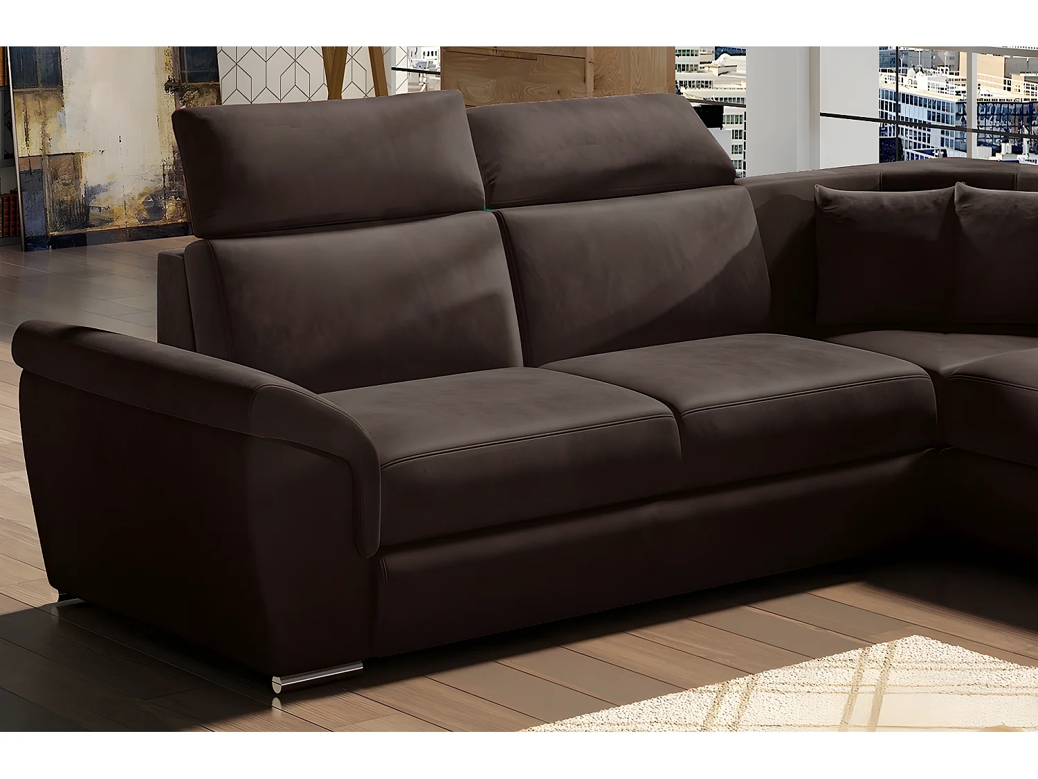 Canapé d'angle - convertible - FELIPE VELOURS - en tissu luxe chocolat, 5/6 places