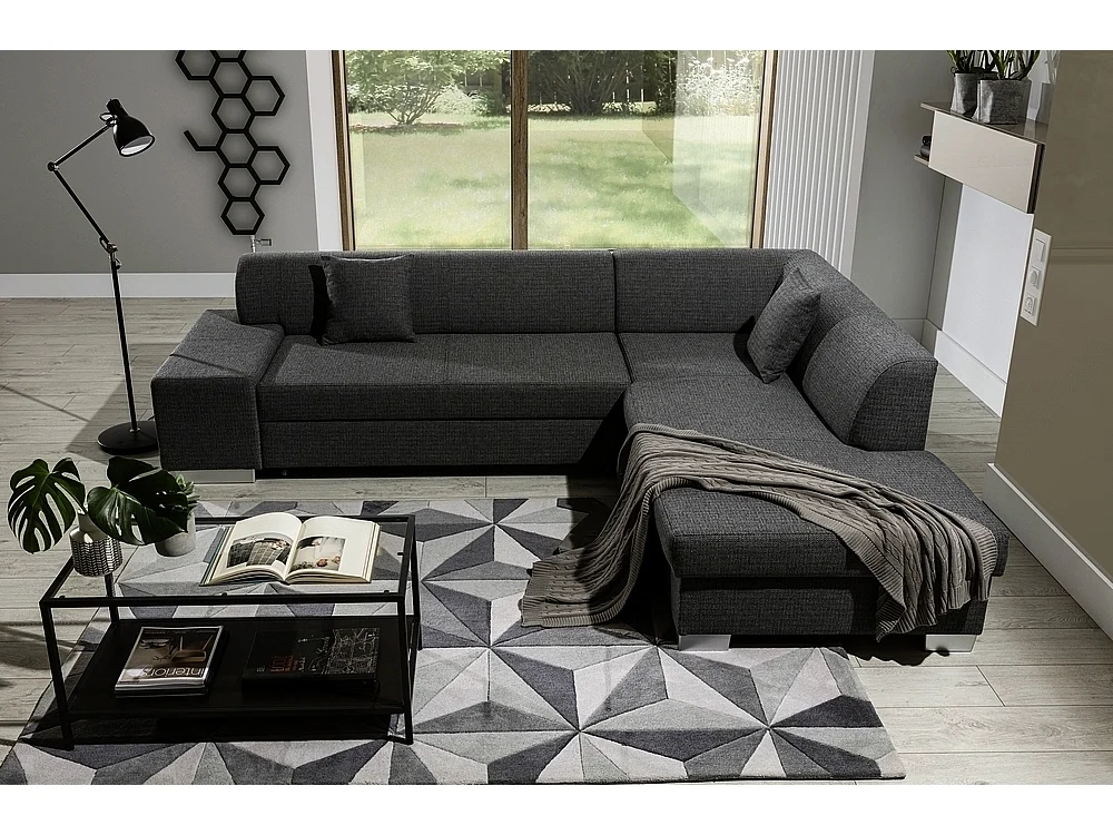 Canapé d'angle convertible en tissu luxe 5 places, coffre, gris foncé, angle droit (vu de face), PORTOFINO