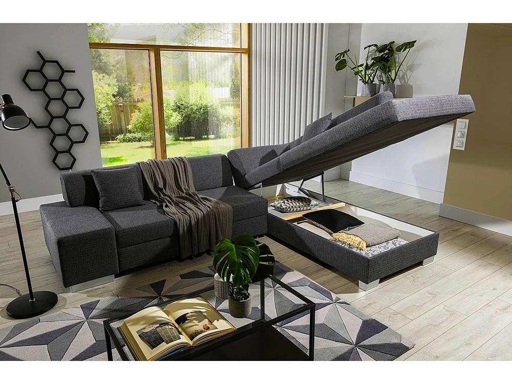Canapé d'angle convertible en tissu luxe 5 places, coffre, gris foncé, angle droit (vu de face), PORTOFINO