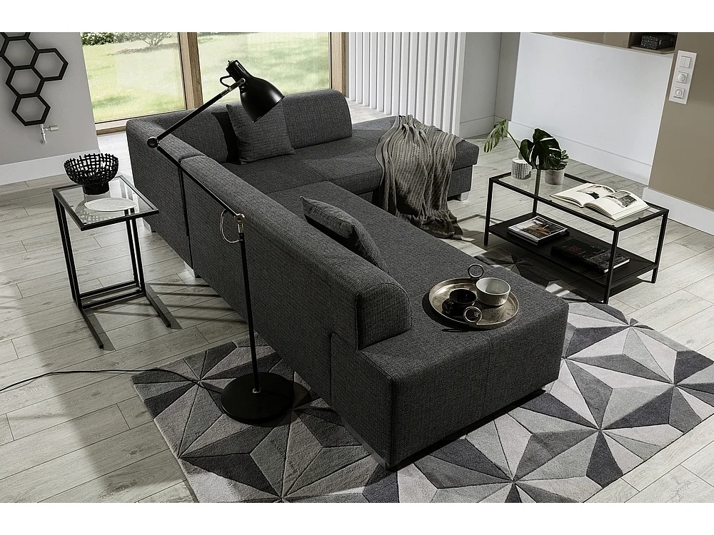Canapé d'angle convertible en tissu luxe 5 places, coffre, gris foncé, angle droit (vu de face), PORTOFINO