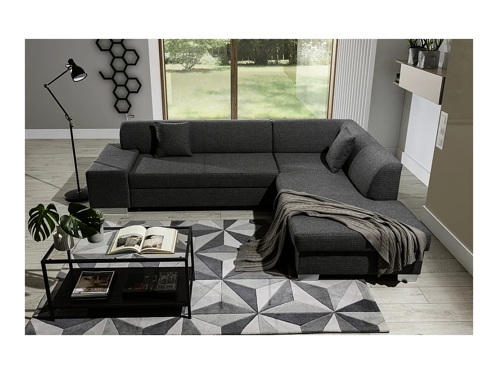 Canapé d'angle convertible en tissu luxe 5 places, coffre, gris foncé, angle droit (vu de face), PORTOFINO