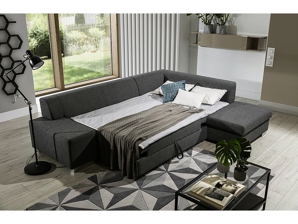 Hoekbank van luxe stof met opbergruimte, donkergrijs, 5 zitplaatsen, PORTOFINO