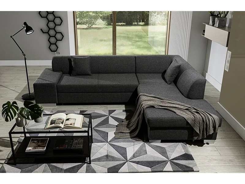 Canapé d'angle convertible en tissu luxe 5 places, coffre, gris foncé, angle droit (vu de face), PORTOFINO