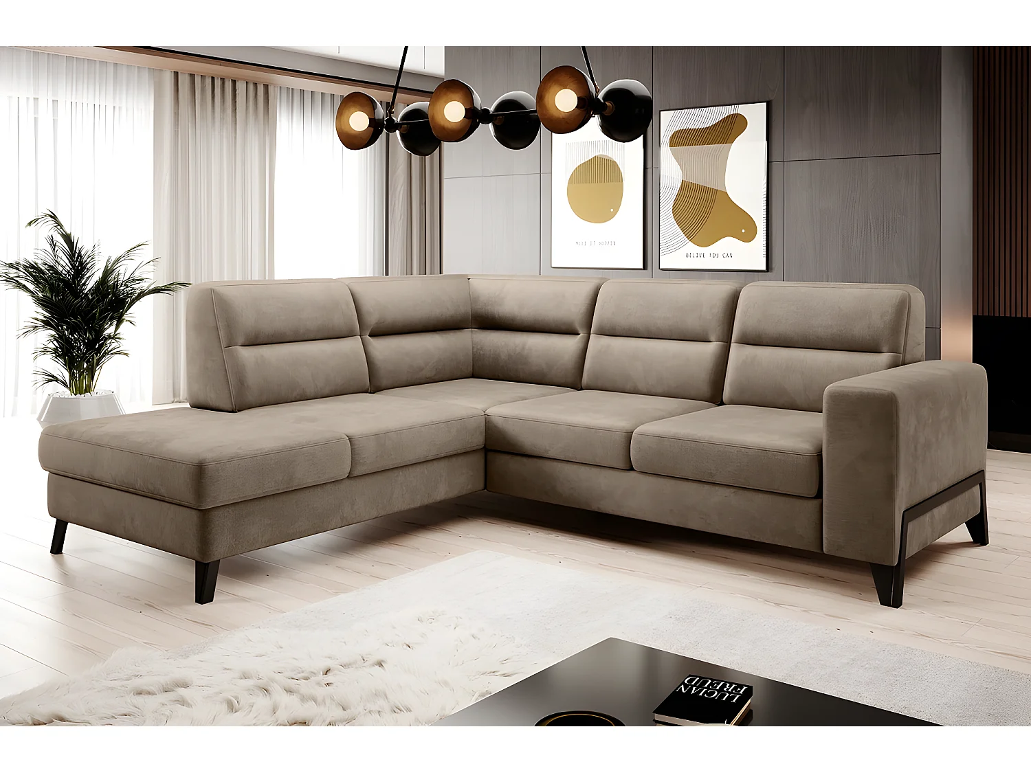 Canapé d'angle convertible - CASTA VELOURS - en tissu Luxe, beige, 5/6 places, angle gauche (vu de face)