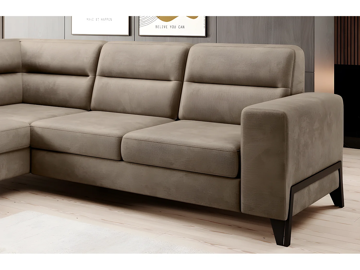 Canapé d'angle convertible - CASTA VELOURS - en tissu Luxe, beige, 5/6 places, angle gauche (vu de face)