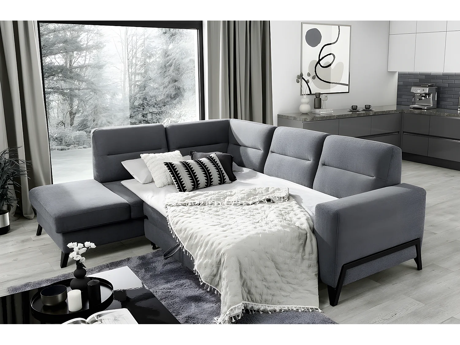 Canapé d'angle convertible - CASTA VELOURS - en tissu Luxe, beige, 5/6 places, angle gauche (vu de face)