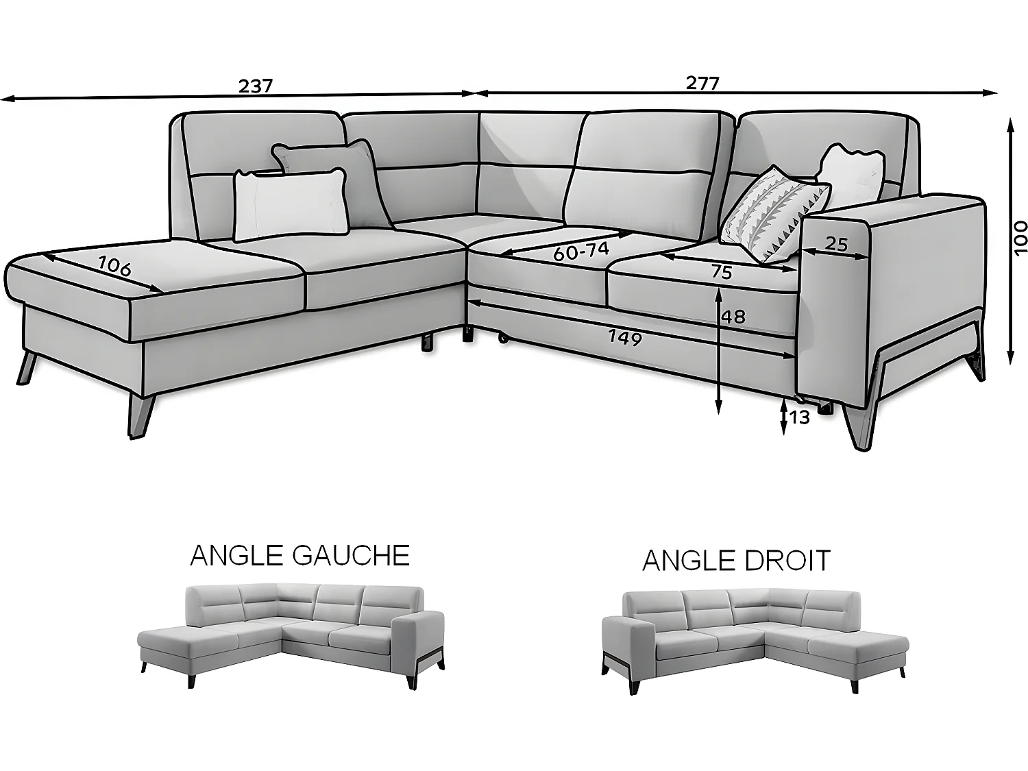 Canapé d'angle convertible - CASTA VELOURS - en tissu Luxe, beige, 5/6 places, angle gauche (vu de face)