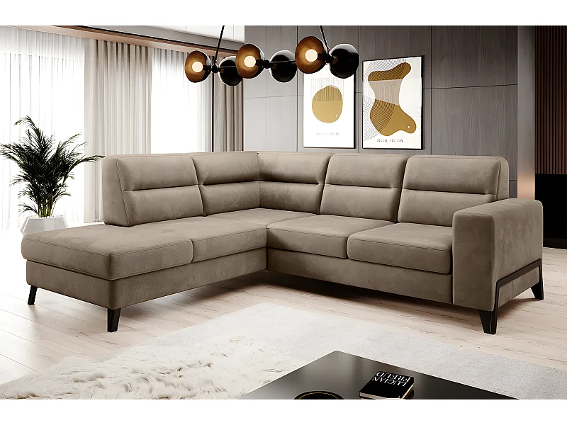 Canapé d'angle convertible - CASTA VELOURS - en tissu Luxe, beige, 5/6 places, angle gauche (vu de face)