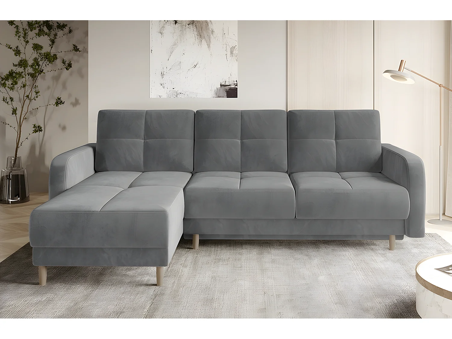 Canapé d'angle convertible en tissu velours luxe, rangement - gris, angle gauche (vu de face), ROXANE VELOURS