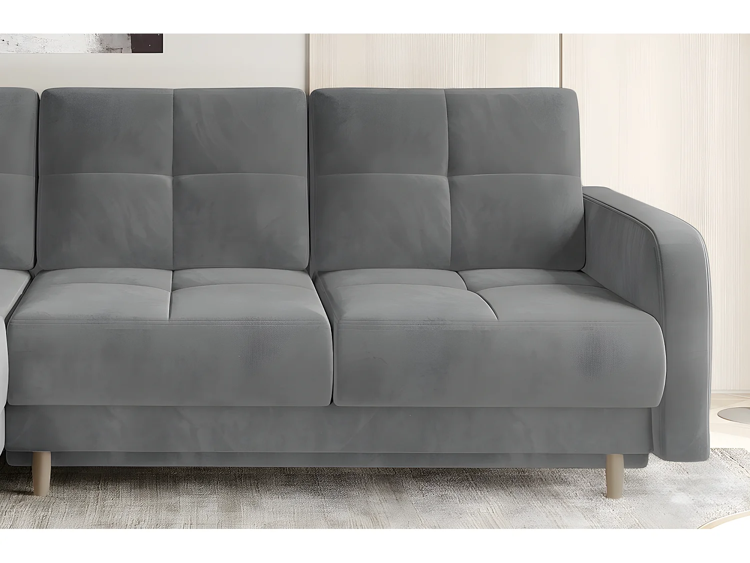 Canapé d'angle convertible en tissu velours luxe, rangement - gris, angle gauche (vu de face), ROXANE VELOURS