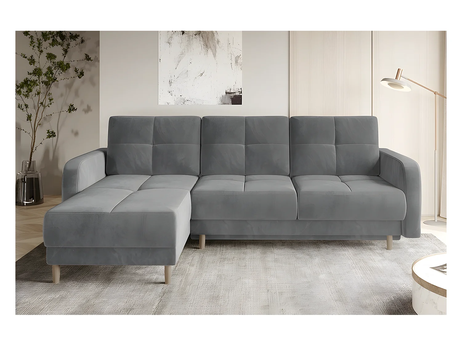 Canapé d'angle convertible en tissu velours luxe, rangement - gris, angle gauche (vu de face), ROXANE VELOURS