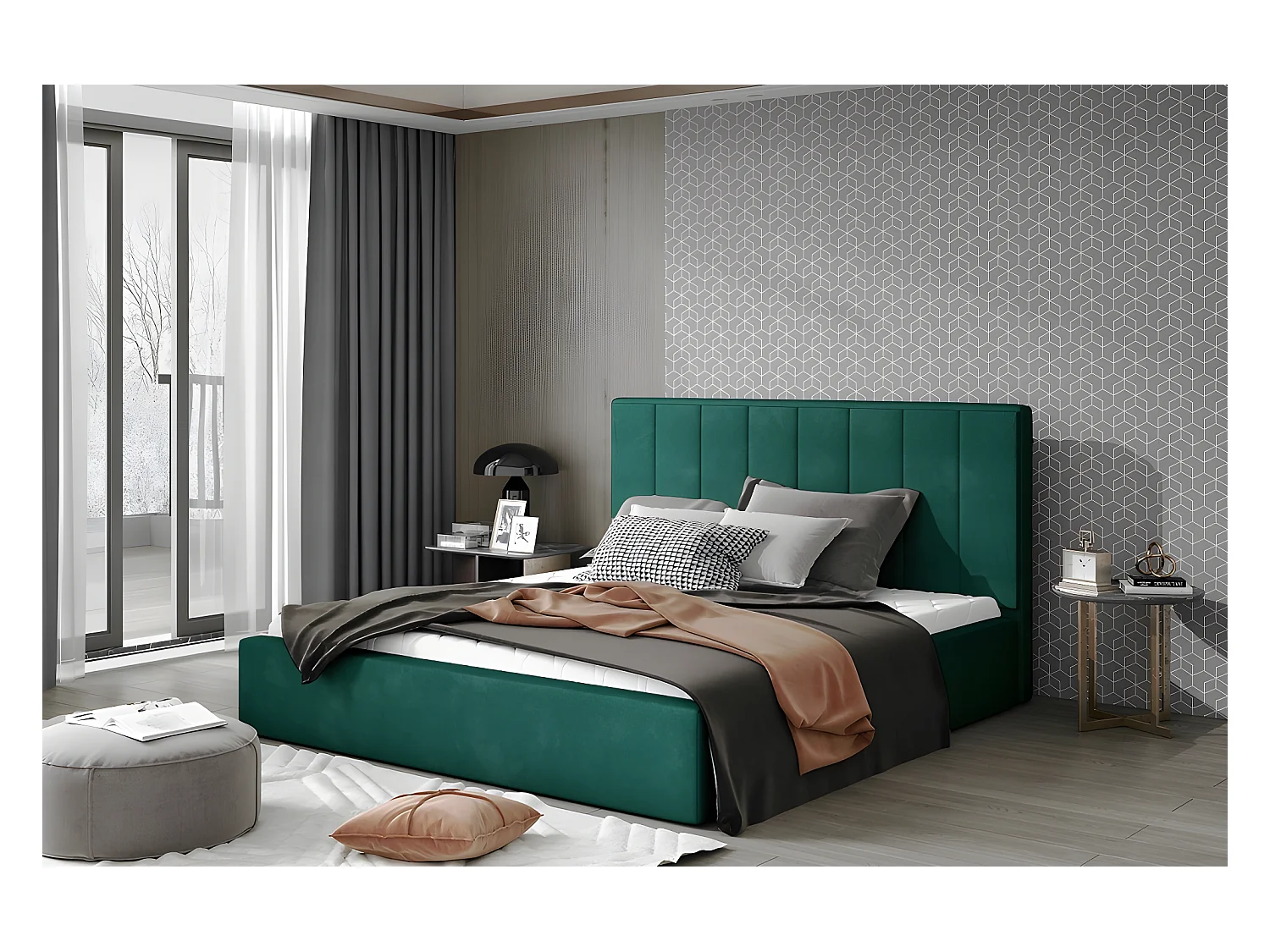 Lit double en tissu velours de qualité luxe, AUDE, vert, 200x200