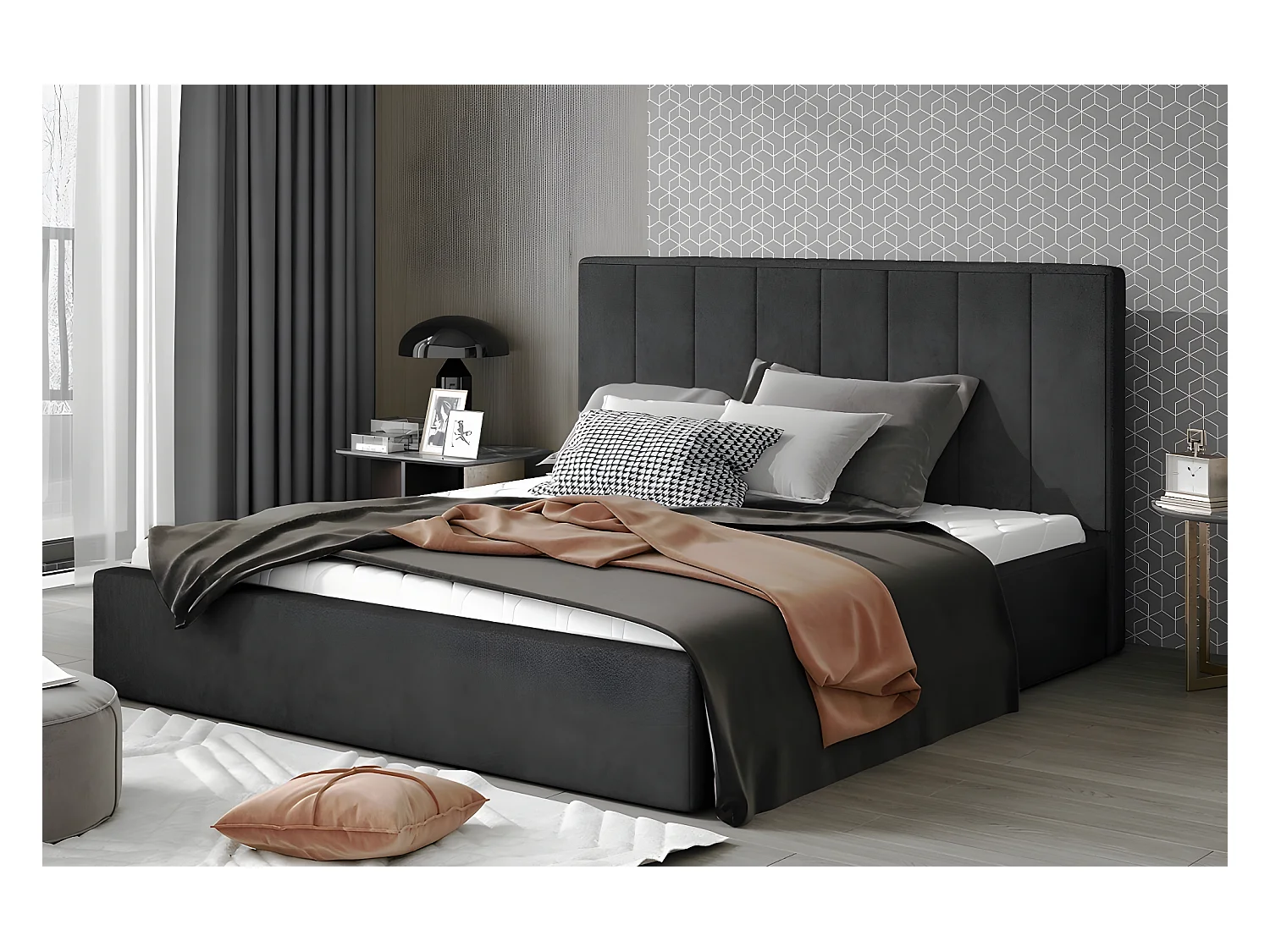 Lit double en tissu velours de qualité luxe, AUDE, anthracite, 140x200