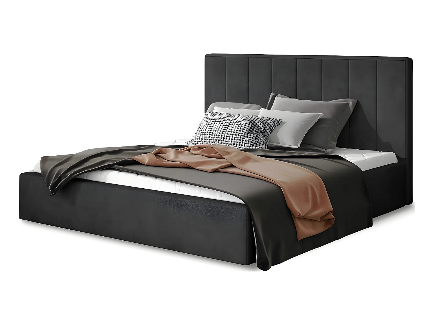 Lit double en tissu velours de qualité luxe, AUDE, anthracite, 180x200