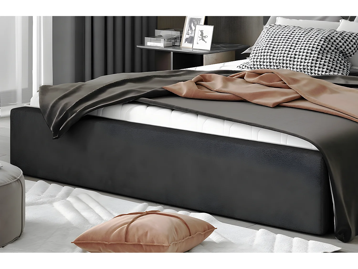 Lit double en tissu velours de qualité luxe, AUDE, anthracite, 160x200