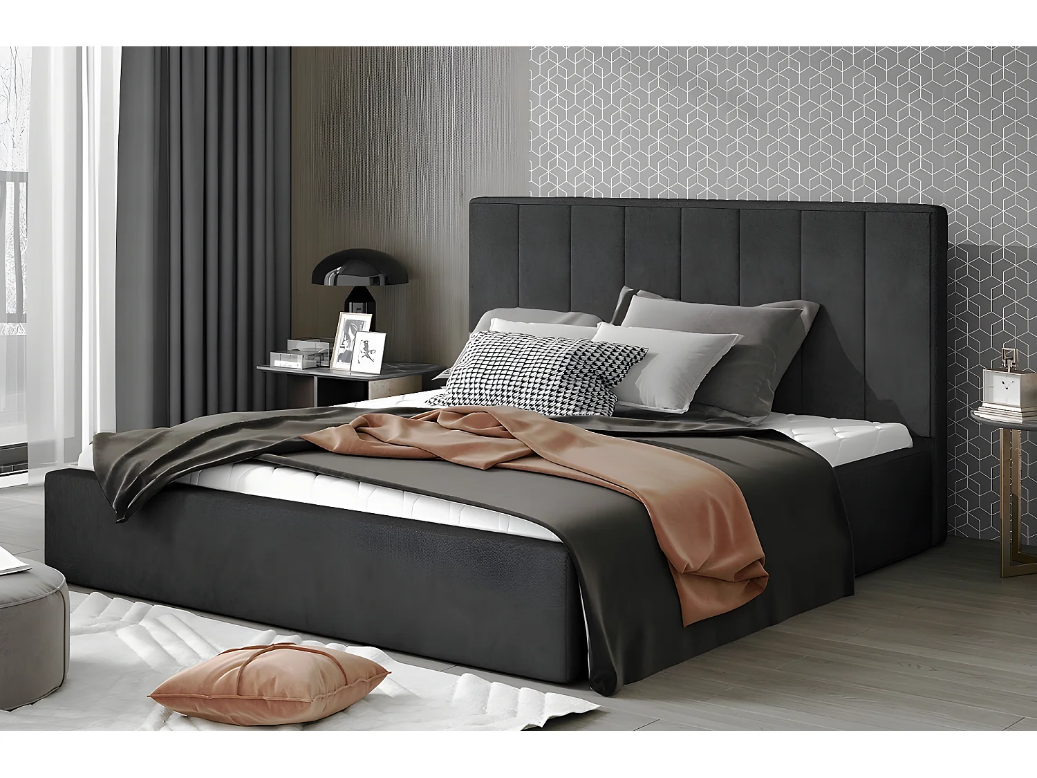 Lit double en tissu velours de qualité luxe, AUDE, anthracite, 200x200