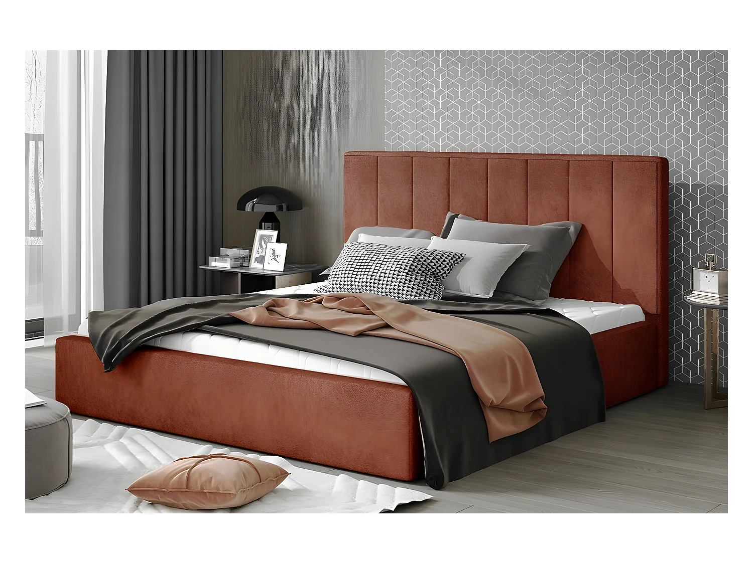 Lit double en tissu de qualité luxe, AUDE, marron, 180x200