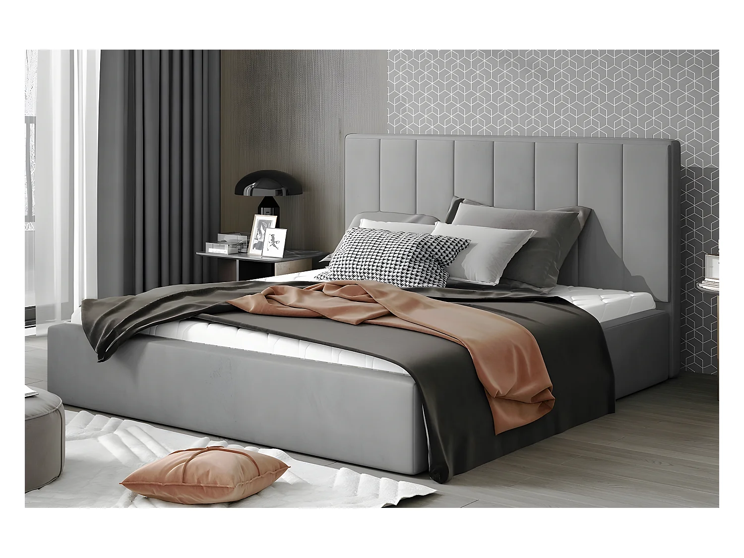 Lit double en tissu velours de qualité luxe, AUDE, gris, 160x200