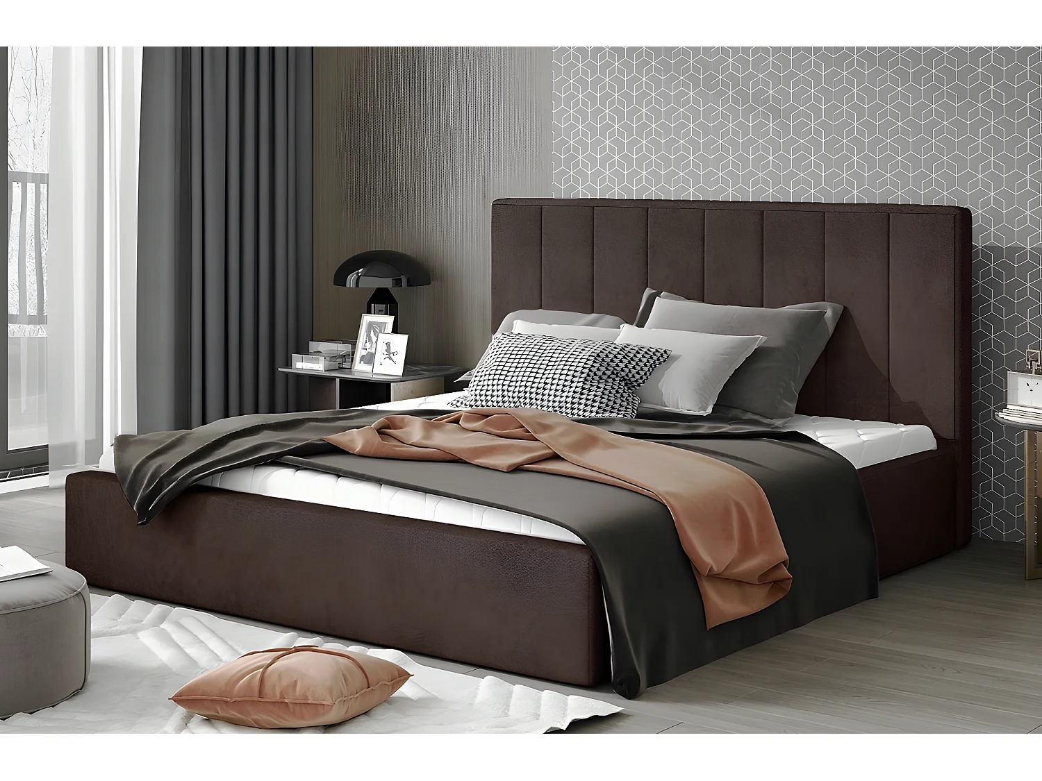 Lit double en tissu de qualité luxe, AUDE, chocolat, 160x200