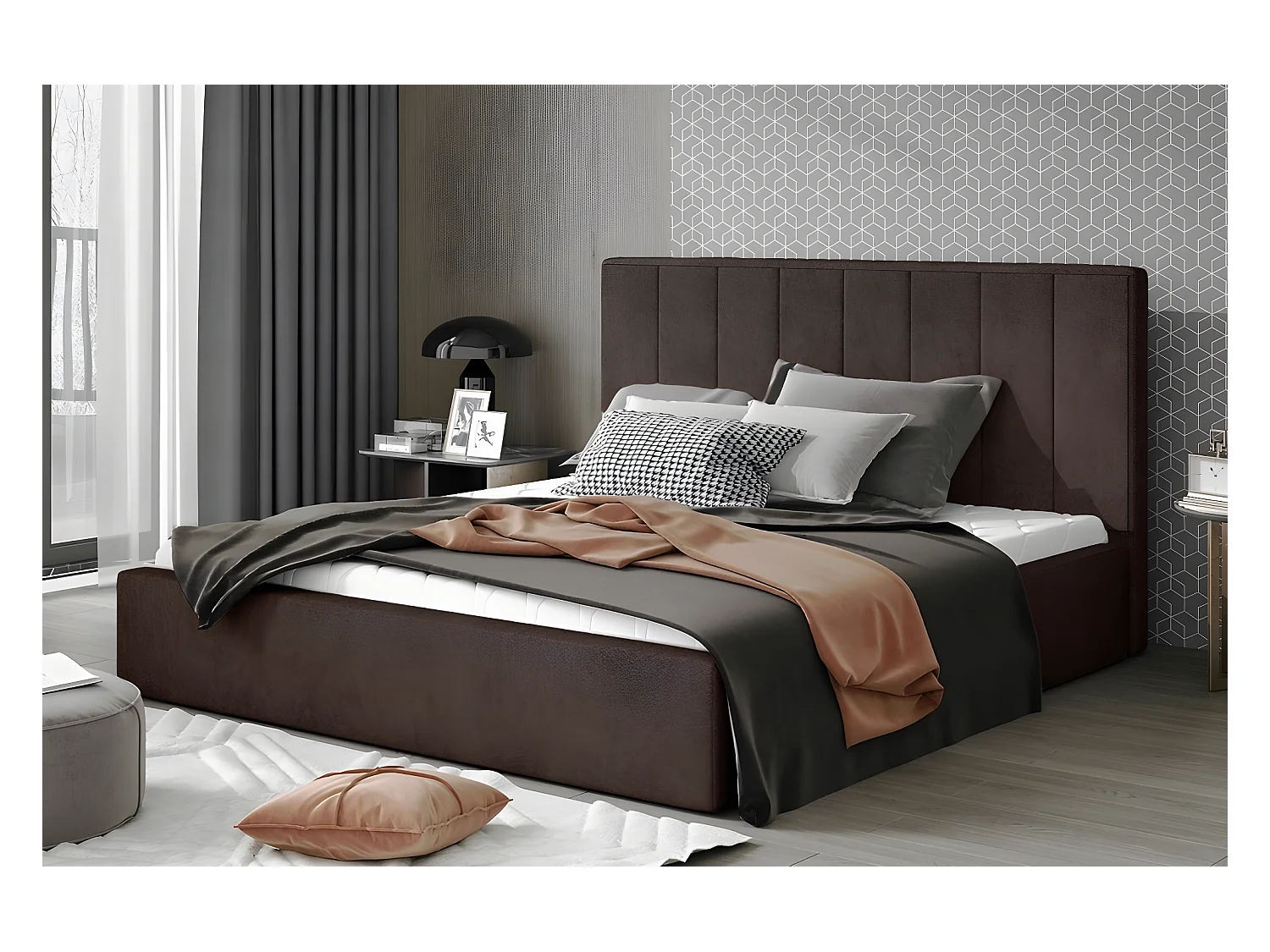 Lit double en tissu de qualité luxe, AUDE, chocolat, 160x200