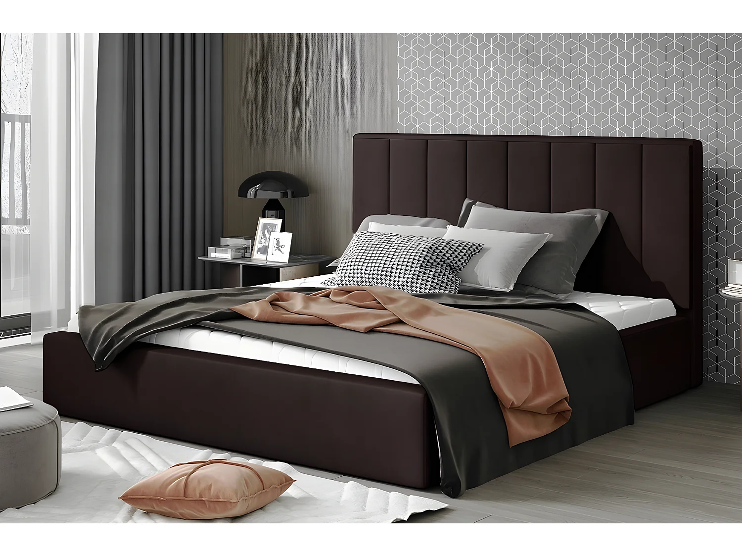 Lit double en tissu velours de qualité luxe, AUDE, chocolat, 160x200