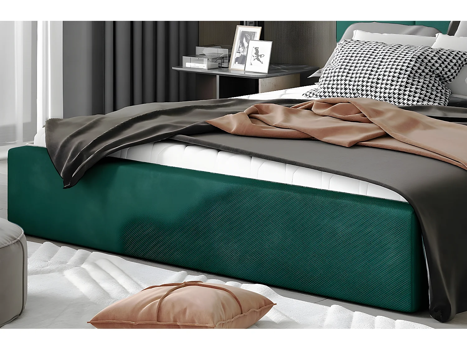 Lit double en tissu velours de qualité luxe, AUDE, vert, 160x200