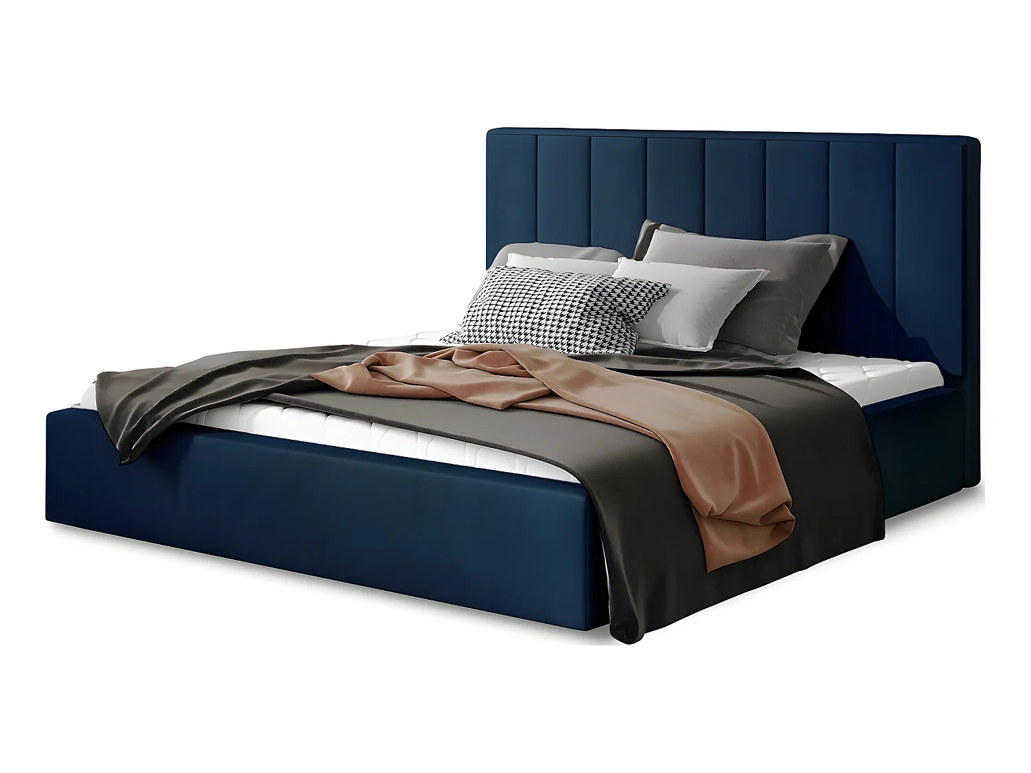 Lit double en tissu velours de qualité luxe, AUDE, bleu, 180x200
