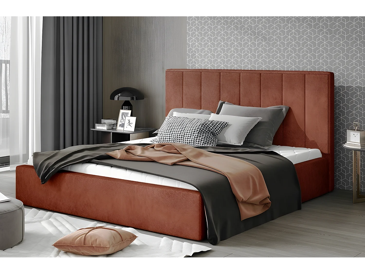 Lit double en tissu de qualité luxe, AUDE, marron, 140x200